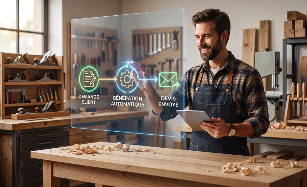 Un artisan consulte un workflow automatisé en hologramme : demande client, génération automatique, devis envoyé