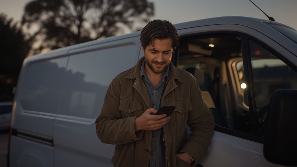 Un artisan consulte son téléphone près de son van, devis et relances automatisés