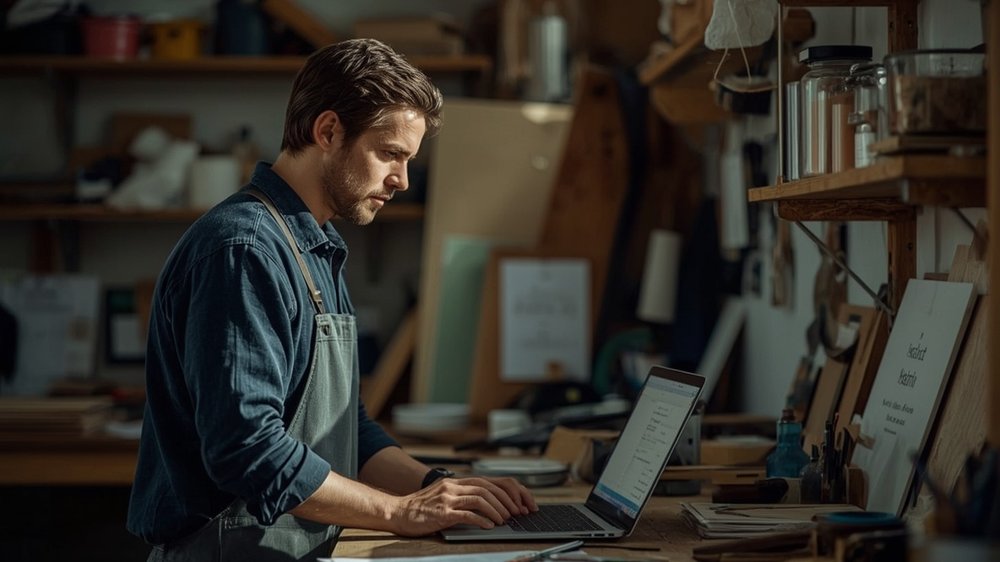 Un artisan travaille sur son ordinateur dans son atelier, création de site vitrine